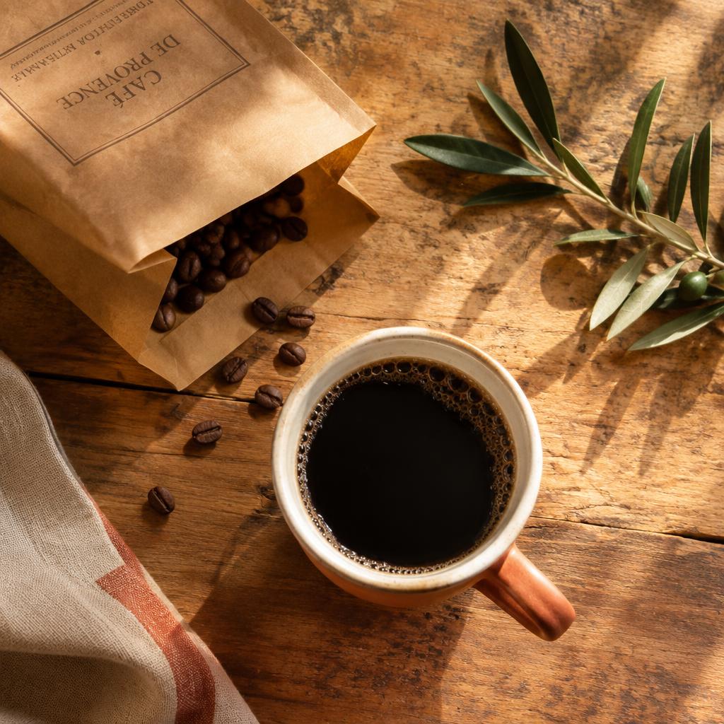 Tasse de café sur une table en bois au soleil de Provence